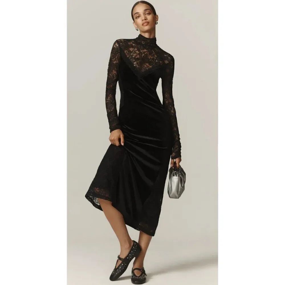 Anthropologie NWT Mock Neck Lace Velvet Long Sleeve Open Back Midi Dress Black S